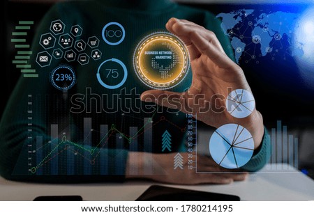 Double exposure of businesswoman hand touch business financial virtual chart, Digital marketing concept, Blurred background.