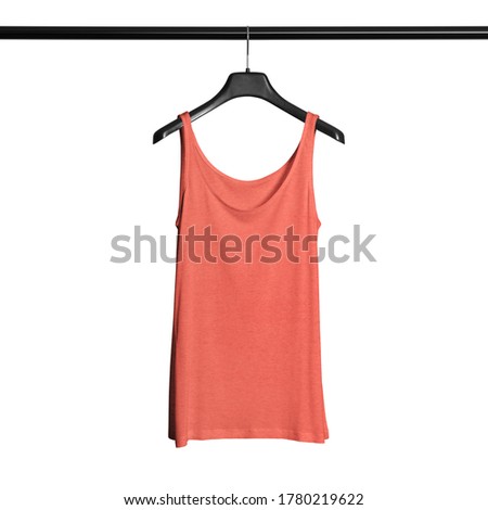 This Front View Female Tank Top Mock Up In Living Coral Color With Hanger is made to help you present your Tank Top designs beautifully.