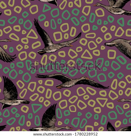 Hand drawn vector seamless pattern of flying greylag geese. Background of wild birds realistic ink sketches. Abstract colorful design for wallpaper, wrapping, textile, postcard, print, fabric, decor.