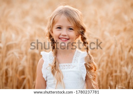 Little blonde girl walks in a summer wheat field