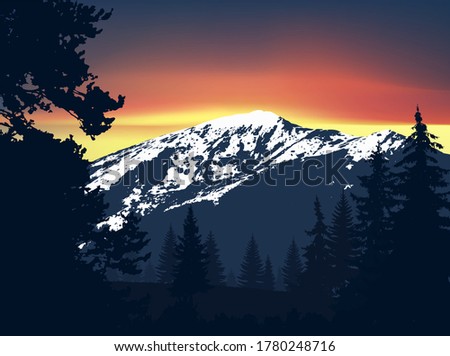 Mountains with snow and coniferous trees on the background of colorful sky. 