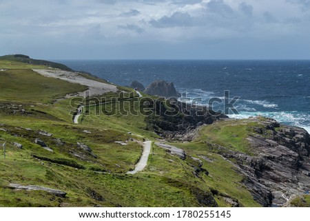 Walking path on the Malin Head, Donegal, Ireland. Wild Atlantic Way. 