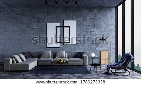 Modern interior design of a living room in an apartment, house, office, bright modern interior details and sun rays from the window against the background of concrete walls. Royalty-Free Stock Photo #1780273358