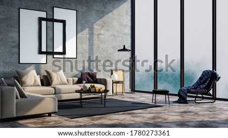 Modern interior design of a living room in an apartment, house, office, bright modern interior details and sun rays from the window against the background of concrete walls. Royalty-Free Stock Photo #1780273361