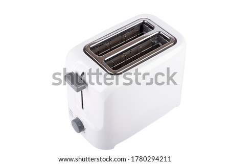 White toaster isolated on white background. Close up. Copy space.