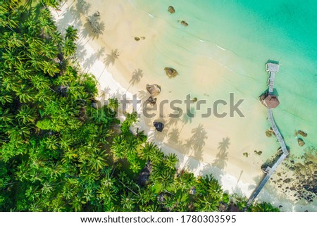 Top view aerial image of an stunning beautiful sea landscape white sand beach with turquoise water copy space, Aerial UAV drone shot