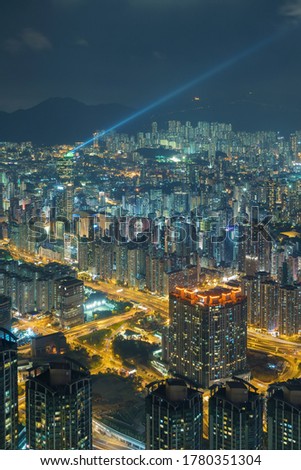 Night scene of aerial view of downtown district of Hong Kong city