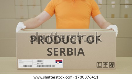Carton with PRODUCT OF SERBIA printed text, export or import related shot