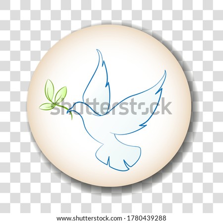 Round badge with white pigeon. Dove with a branch as a symbol of peace. Isolated sticker for peace day on transparent background