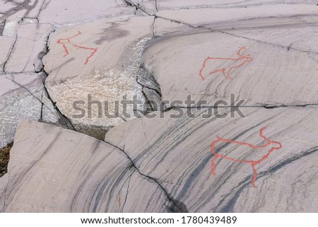 Ancient rock carvings (petroglyphs) in Alta, Norway. Cold summer in Finnmark, Scandinavia.