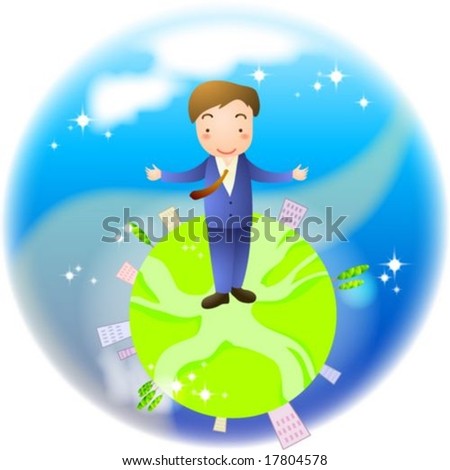 Business People - happy smiling young male standing on earth on a background of bright blue sky and green planet : vector illustration
