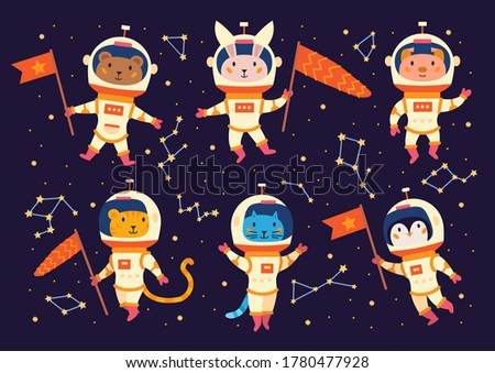 Set of animal astronauts in space suits. Cartoon characters of cute creature in white outfit