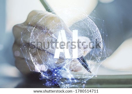 Creative artificial Intelligence symbol concept with woman hand writing in diary on background. Double exposure