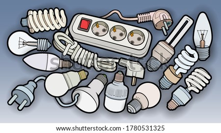 Cartoon doodles funny hand drawn electrical instruments illustration. Many tools objects vector background. 