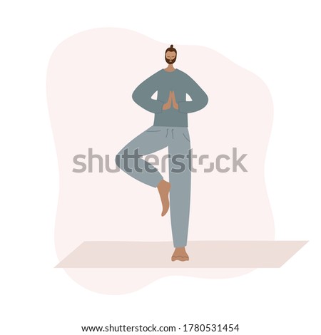 Man on yoga mat in tree pose asana. People vector illustration. Health body and mind care wellness or fitness sport studio class concept. Simple flat character cartoon style clip art.