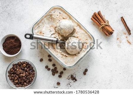 Coffee Ice Cream, top view. Homemade ice cream with coffee and cinnamon.