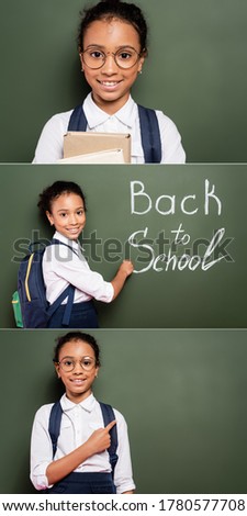 collage of smiling african american schoolgirl with backpack writing back to school inscription on green chalkboard