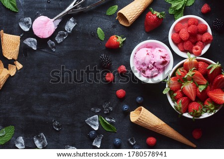 Ice cream cone with blueberries, strawberries and raspberries. The image has space for text.