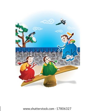 Korean Traditional New Year Day with asian cute young friends on background with bright blue sky and a stone wall : vector illustration