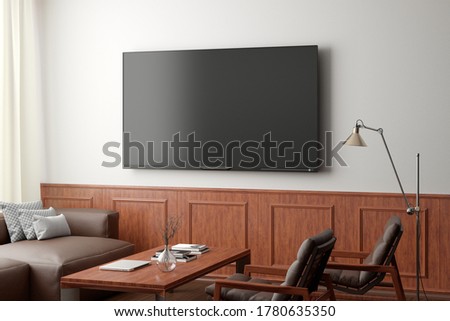 TV screen mockup on the white wall with classic wooden decoration  in living room. Side view, clipping path around screen. 3d illustration