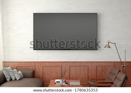 TV screen mockup on the white wall with classic wooden decoration  in living room. Front view, clipping path around screen. 3d illustration