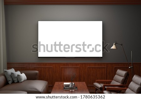 Glowing TV screen at night mockup in classic decoration living room. Front view. Clipping path around screen. 3d illustration