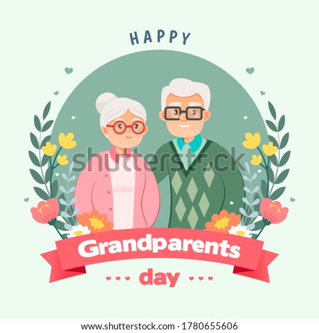 Happy Grandparents Day Greeting Card Vector illustration. Cute cartoon grandparents on vintage green background Royalty-Free Stock Photo #1780655606