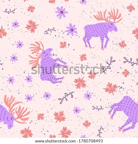 Moose, leaves, flowers. Seamless pattern, great design for any purposes. Abstract modern graphic element. Geometric background fashion pattern. Abstract cover, backdrop, pattern, wallpaper.