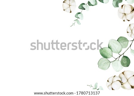 

watercolor background with eucalyptus leaves and cotton. frame with cotton on a white background. flat lay. place for text, design for wedding, congratulations, postcards. ecological cosmetics