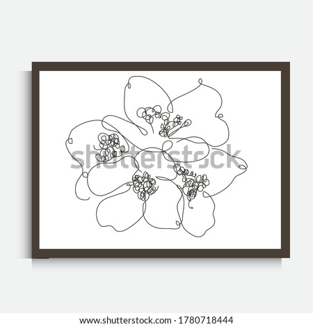Decorative continuous line drawing jasmine flowers, design element. Can be used for wall prints, cards, invitations, banners, posters, print design. Minimalist line art. Wall decor