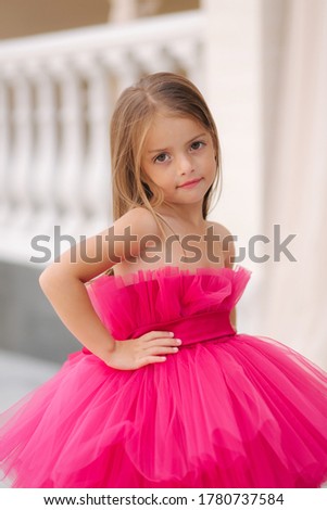 Cute little girl model in fluffy pink dress posing to photographer