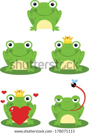 Happy Frog Sitting On A Leaf Cartoon Characters. Set Vector Collection