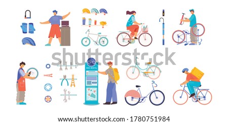 Bicycle shops new second hand bikes repair spare parts accessories sales rental company flat set vector illustration 