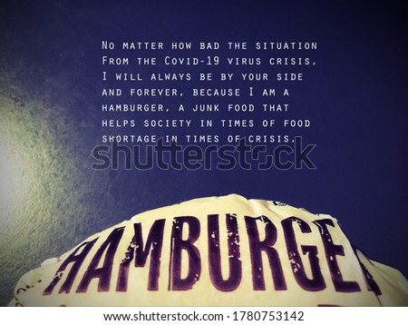 A picture of a hamburger wrapped in paper with the message of a hamburger. Placed on the table There is a slight shadow and reflection. With text written to compose the image, decorated with ACDSee pr