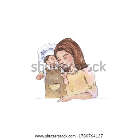 Happy cooking is a collection of high-quality hand-drawn watercolor and line art illustrations of happy family baking and cooking at home kitchen. 