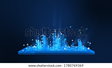 3D Rendering, bright digital tablet and city wireframe in bright blue and white colors particles. Digital technology and communication concept.
