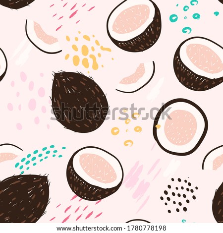 Doodle coconut and abstract elements. Vector seamless pattern. Hand drawn illustrations.