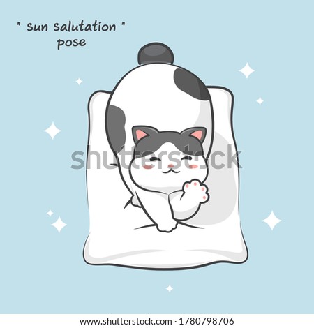Hand drawn adorable cat Sun Salutation pose,idea for greeting card,child stuff print