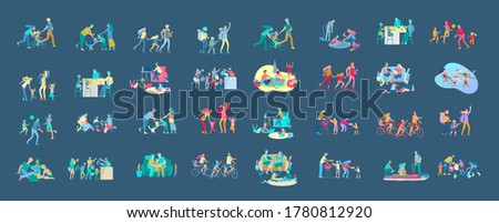 Collection of family hobby activities . Mother, father and children teach daughter to ride bike, play with dog corgi, read book and teach child, gardening and plant sprouts. Cartoon illustration