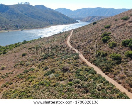 Aerial view of of trail in the Lake Hodges and Bernardo Mountain, great hiking trail and water activity in Rancho Bernardo East San Diego County, California, USA 