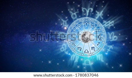 Zodiac signs inside of horoscope circle. Astrology in the sky with many stars and moons  astrology and horoscopes concept Royalty-Free Stock Photo #1780837046