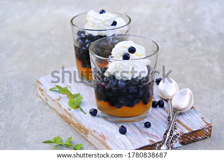 Apple juice jelly with fresh blueberries and whipped cream in glasses on a gray concrete background. Seasonal desserts with berries. Jelly recipes.