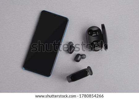 Mobile Accessories Arrangement - smart watch band Black Wireless Headphones Wireless Headphones Android Mobile top blank 