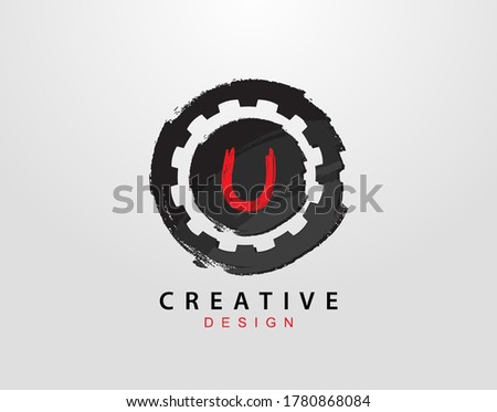 U Letter Logo With Gear and Circle Grunge Element. Retro Gear logo design template.
