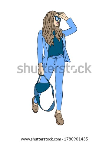 Hand drawn color illustration of a girl in fashion clothes. Vector illustration.