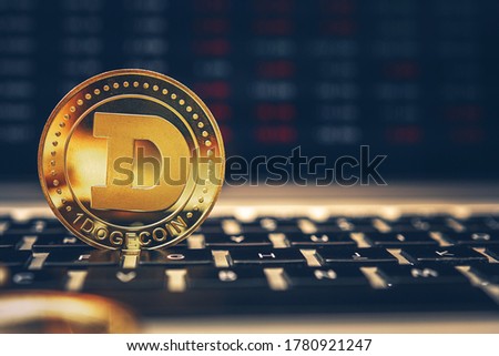 Crypto Market. One Golden Dogecoin Coin on Laptop Computer Cryptocurrency Financial Systems Concept. Royalty-Free Stock Photo #1780921247