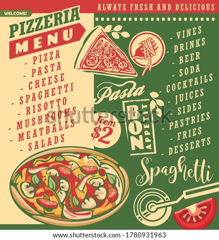 Pizza menu document template for Italian restaurant. Pizzeria menu layout with delicious pizza spaghetti and pasta.