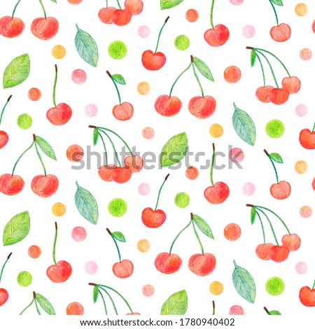 Crayon cherry with leaves seamless pattern. Hand drawn artistic fruit repeatable background with pastels. Cute Colorful stylish illustration for backgrounds, textiles, tapestries.