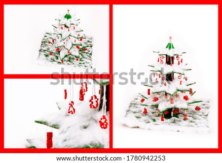 Step by step photo instruction how to make new year or christmas tree from cardboard, animal shaped pasta, cotton and toilet paper tube. Red background. Six