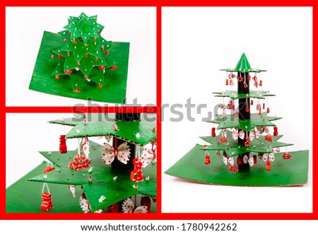Step by step photo instruction how to make new year or christmas tree from cardboard, animal shaped pasta, cotton and toilet paper tube. Red background. Five.